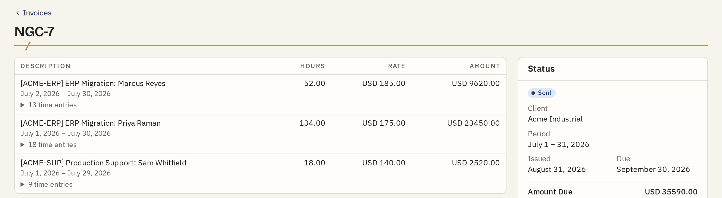 Invoice NGC-7 for Acme Industrial, covering July 2026, showing line items for three people with their hours, rates and amounts, and USD 35,590 due.